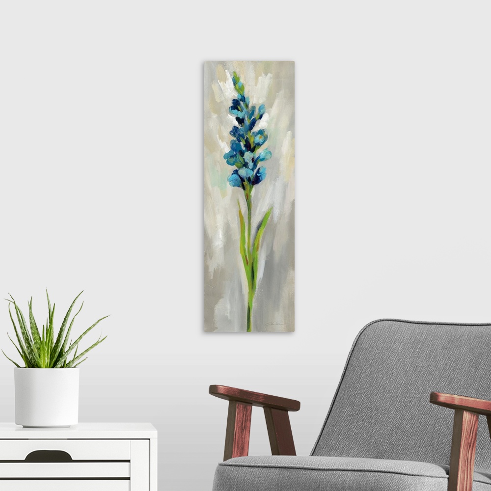 A modern room featuring Long vertical contemporary painting of a blue delphinium with brush stoke textured background.