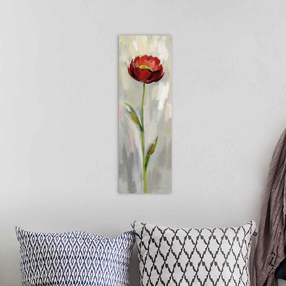 A bohemian room featuring Long vertical contemporary painting of a red poppy with brush stoke textured background.