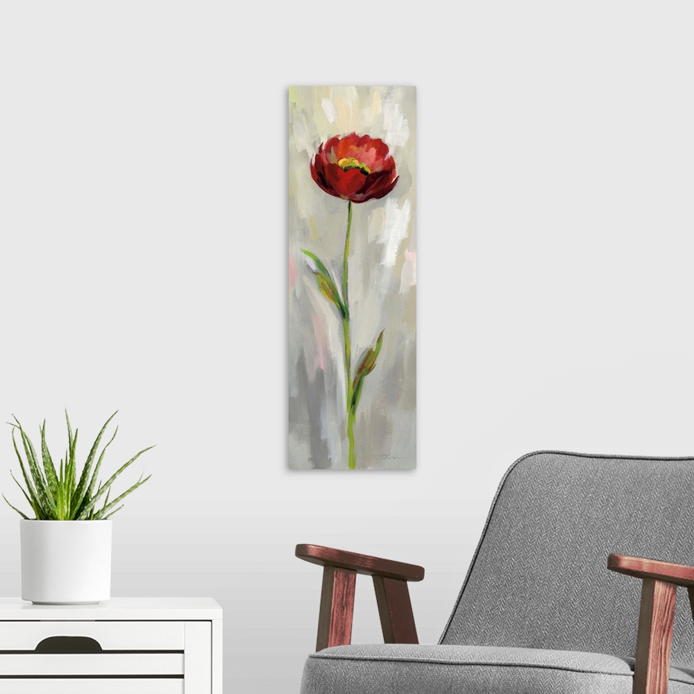 A modern room featuring Long vertical contemporary painting of a red poppy with brush stoke textured background.