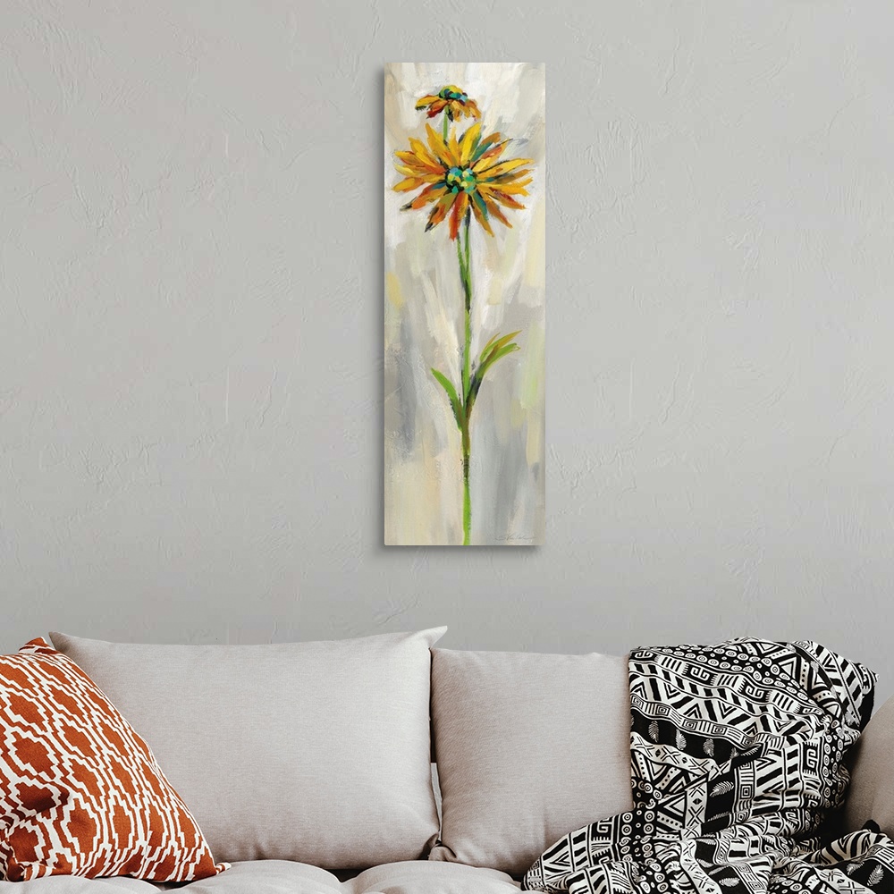 A bohemian room featuring Long vertical contemporary painting of a yellow daisy with brush stoke textured background.