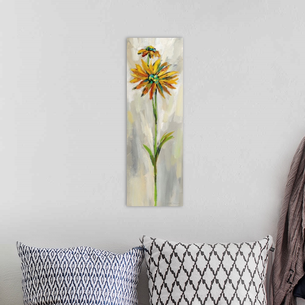 A bohemian room featuring Long vertical contemporary painting of a yellow daisy with brush stoke textured background.