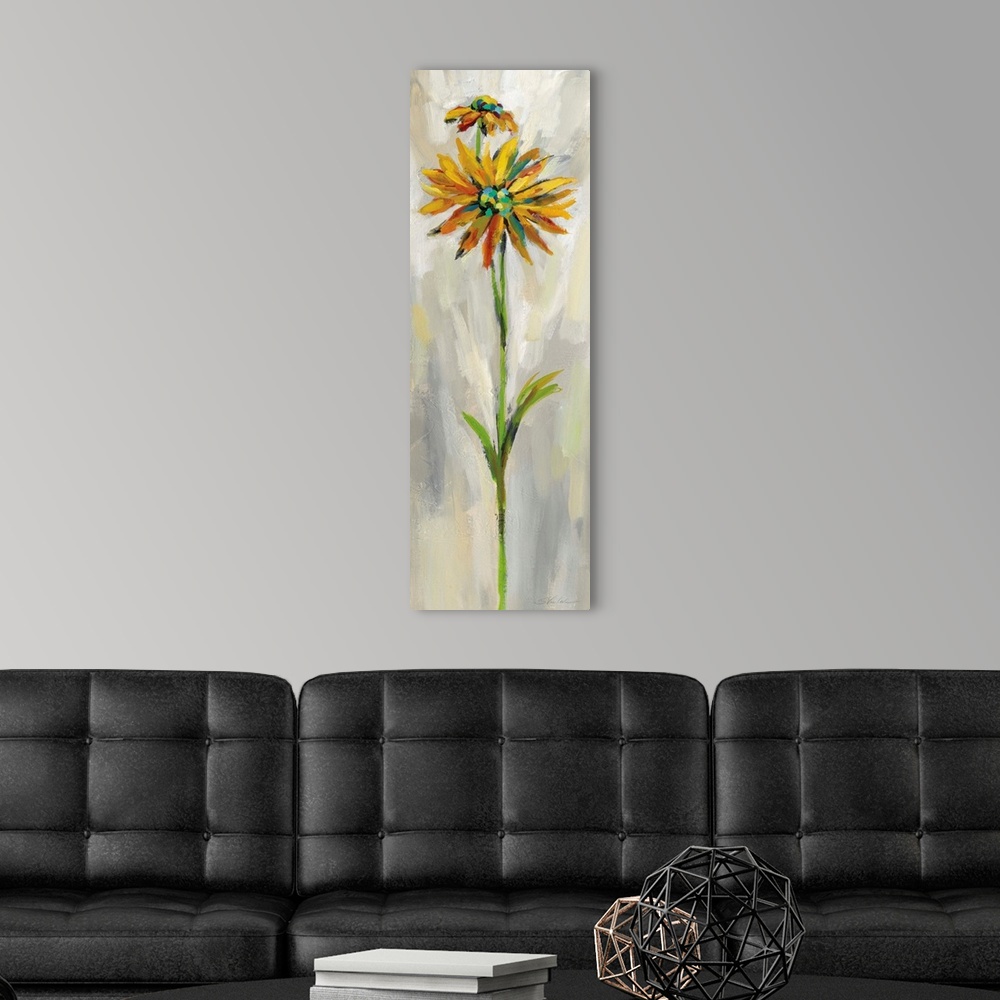 A modern room featuring Long vertical contemporary painting of a yellow daisy with brush stoke textured background.