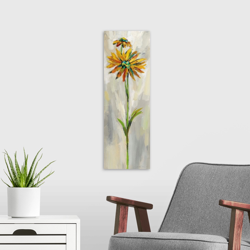 A modern room featuring Long vertical contemporary painting of a yellow daisy with brush stoke textured background.