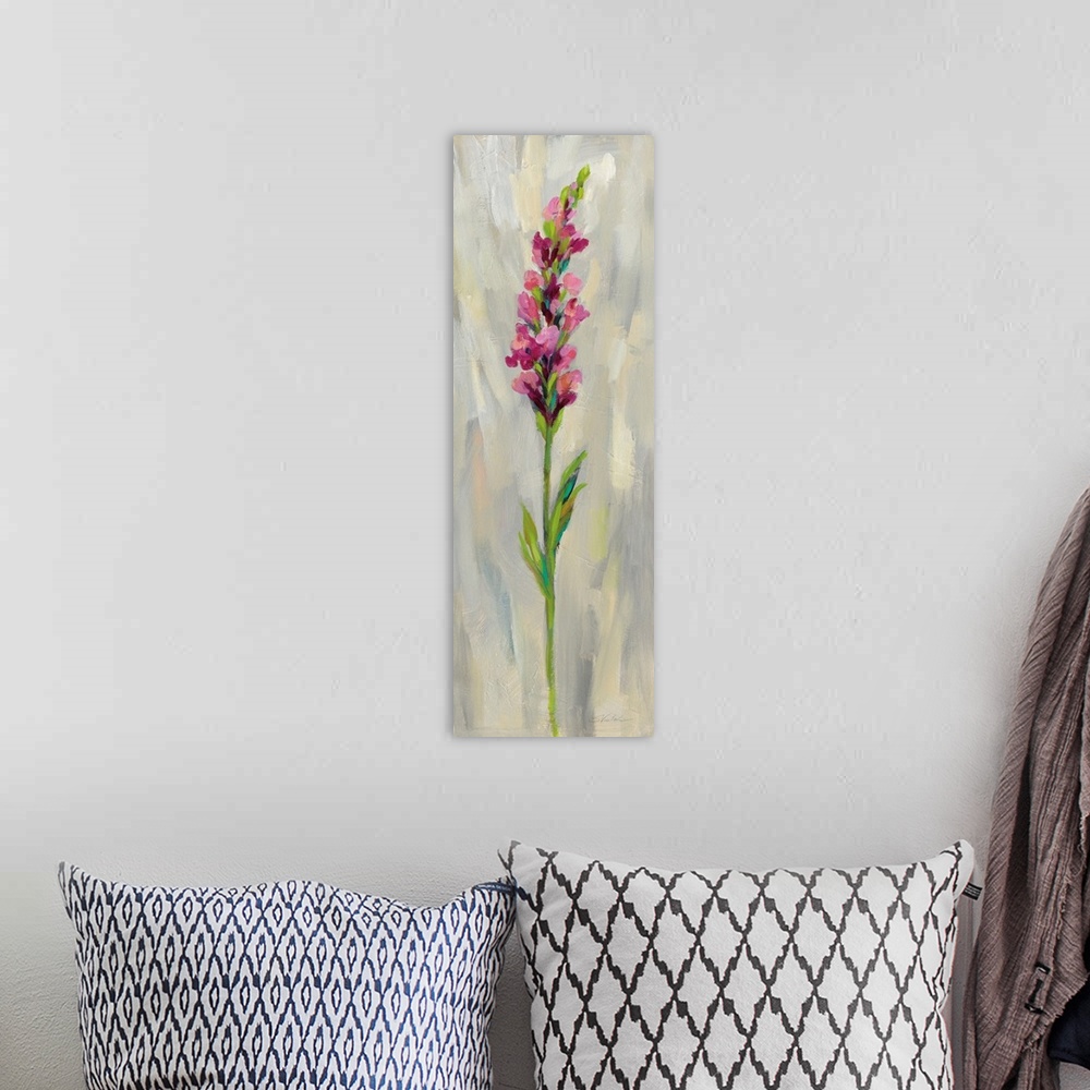 A bohemian room featuring Long vertical contemporary painting of a pink gladiola with brush stoke textured background.