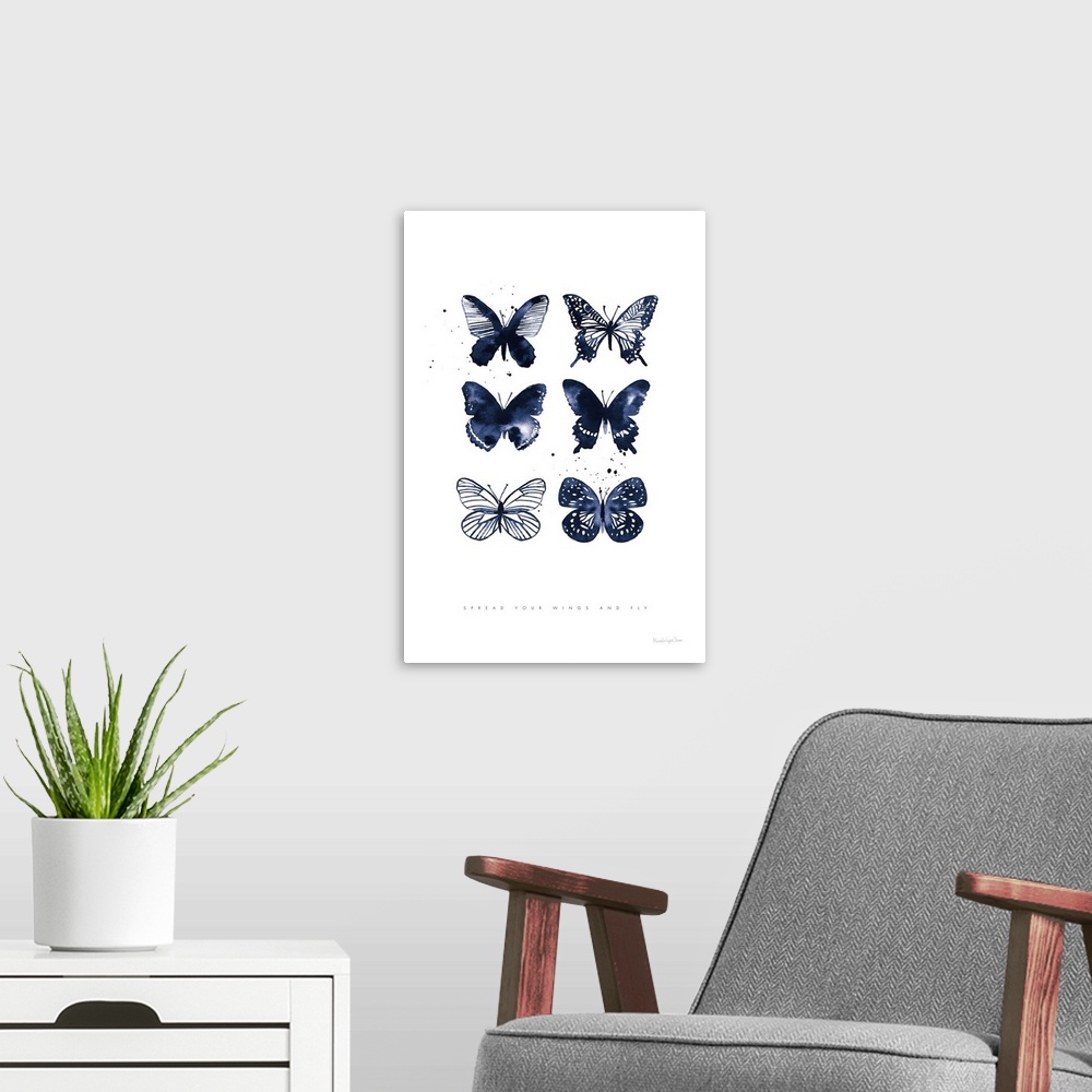 A modern room featuring Six Inky Blue Butterflies