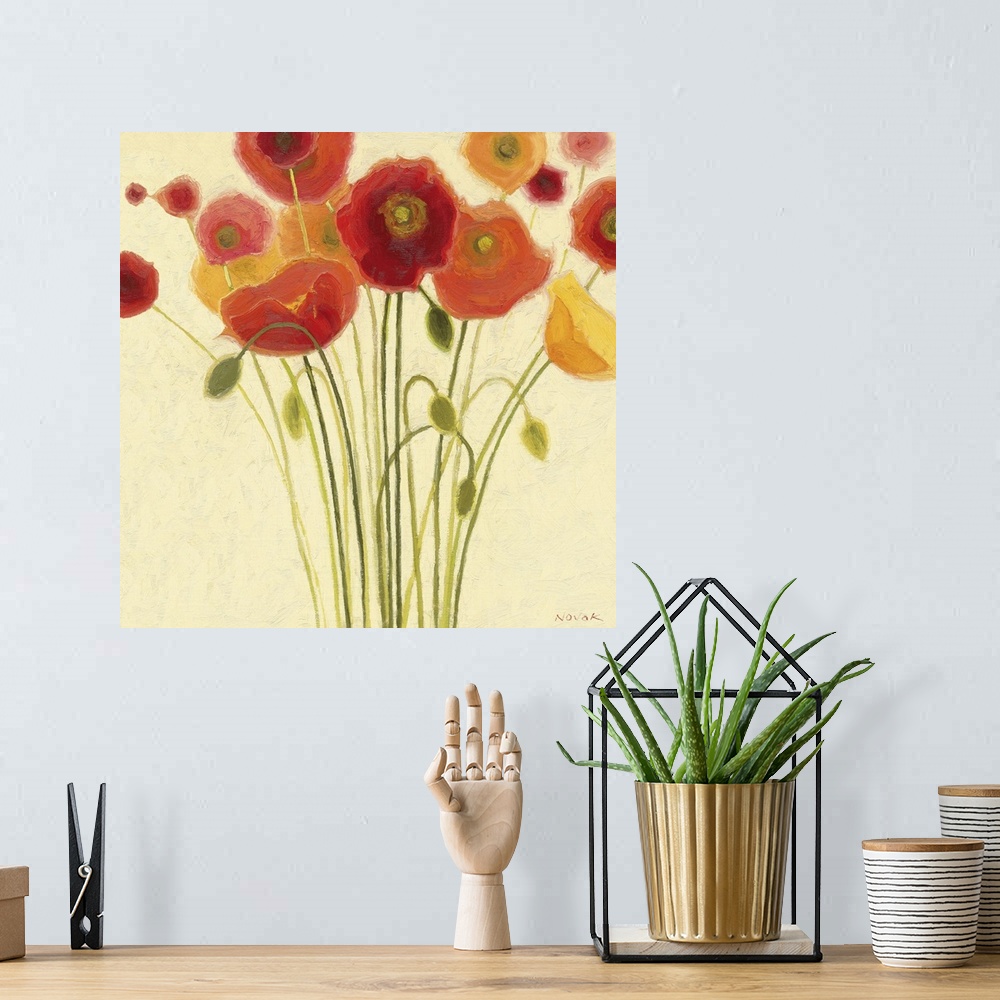 A bohemian room featuring Contemporary painting of colorful flower bunch with blooms and flower buds.
