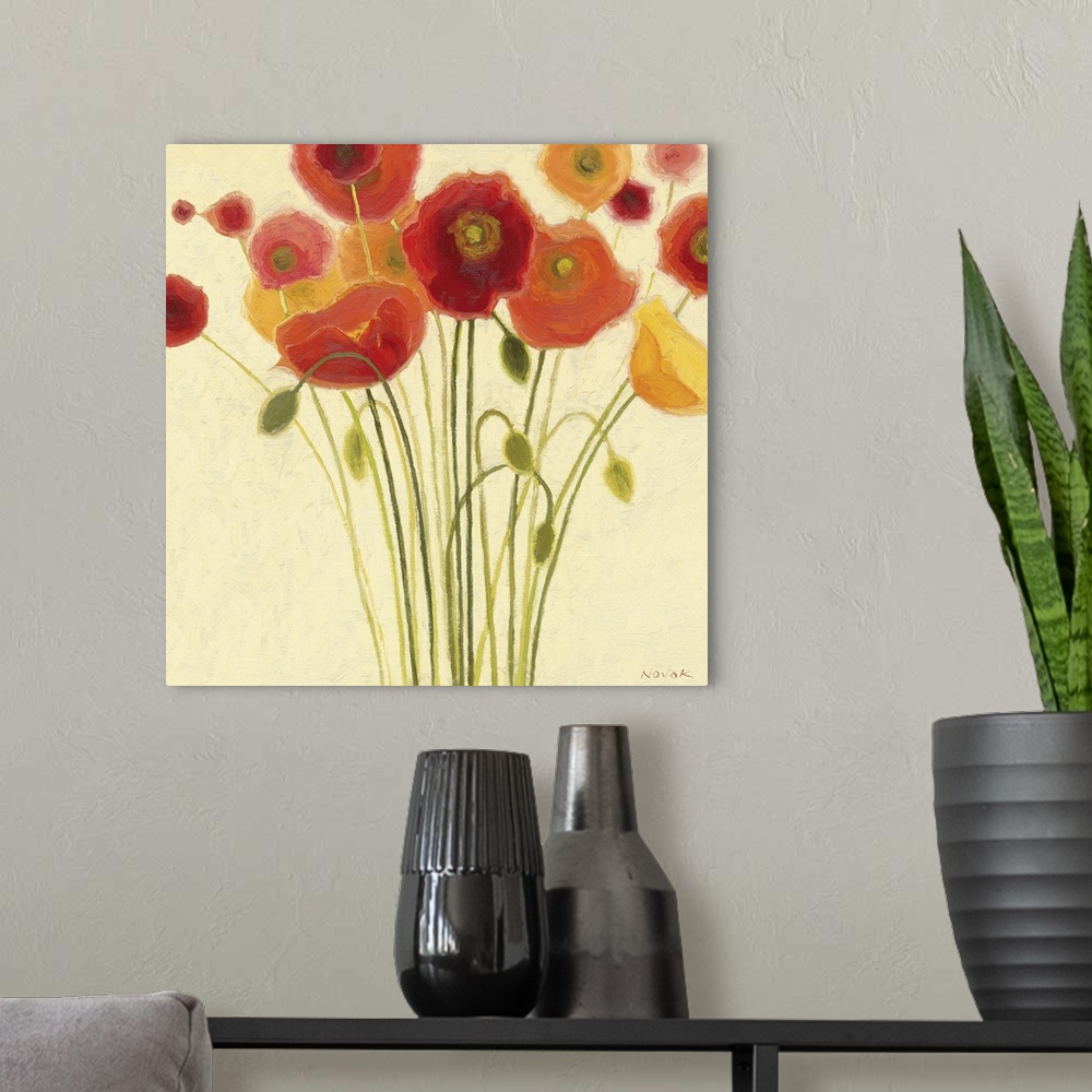 A modern room featuring Contemporary painting of colorful flower bunch with blooms and flower buds.