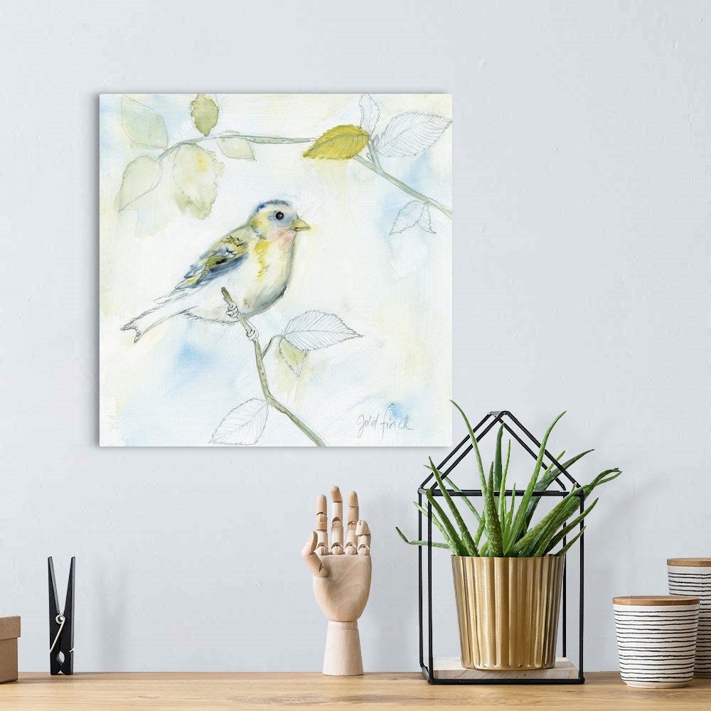 A bohemian room featuring Square sketch of a gold finch perched on a branch and surrounded by leaves, all colored in with w...