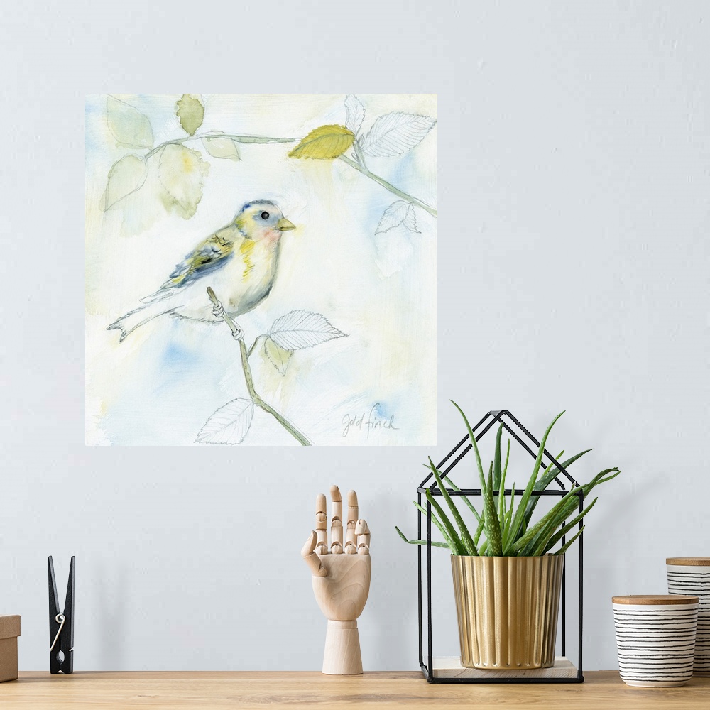 A bohemian room featuring Square sketch of a gold finch perched on a branch and surrounded by leaves, all colored in with w...