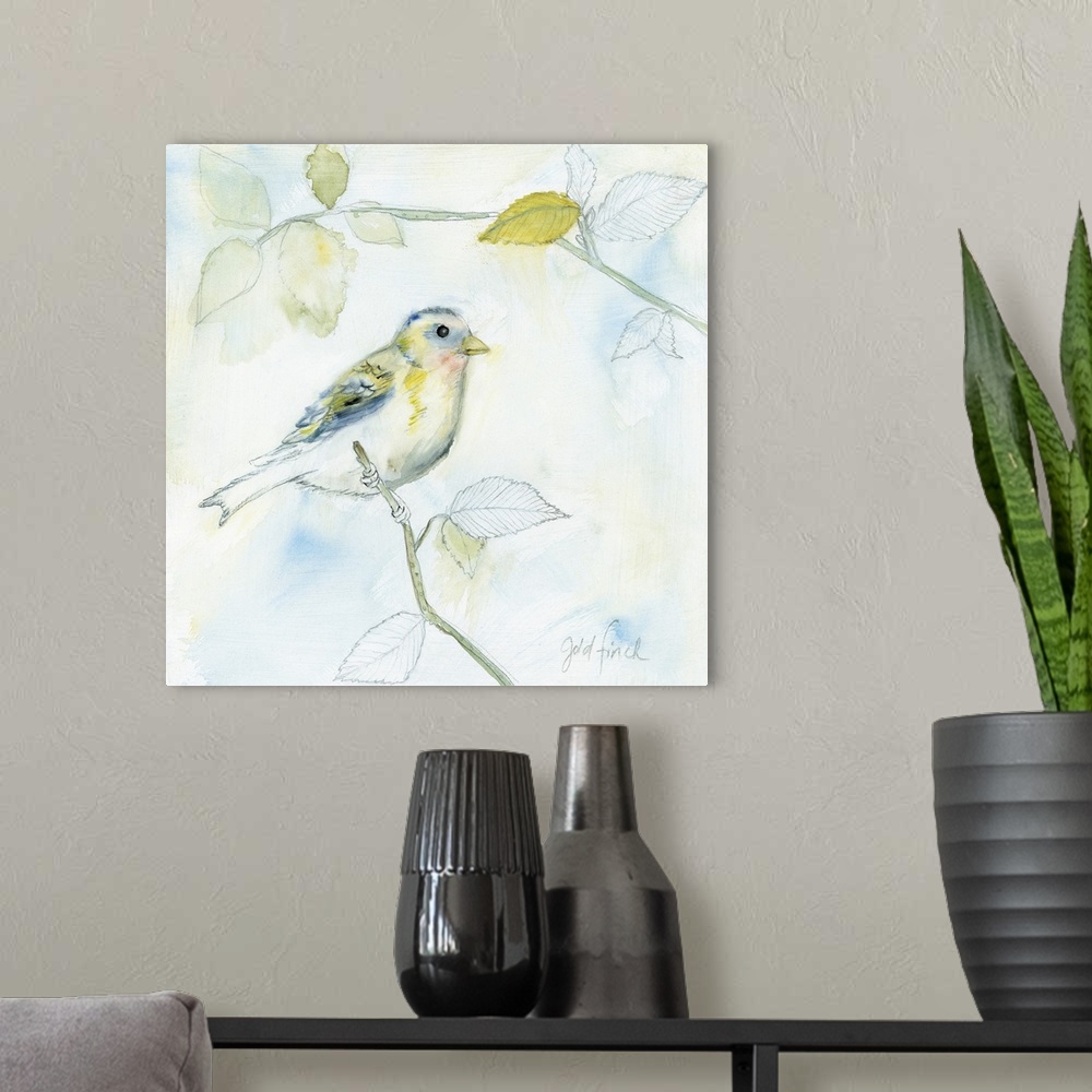 A modern room featuring Square sketch of a gold finch perched on a branch and surrounded by leaves, all colored in with w...