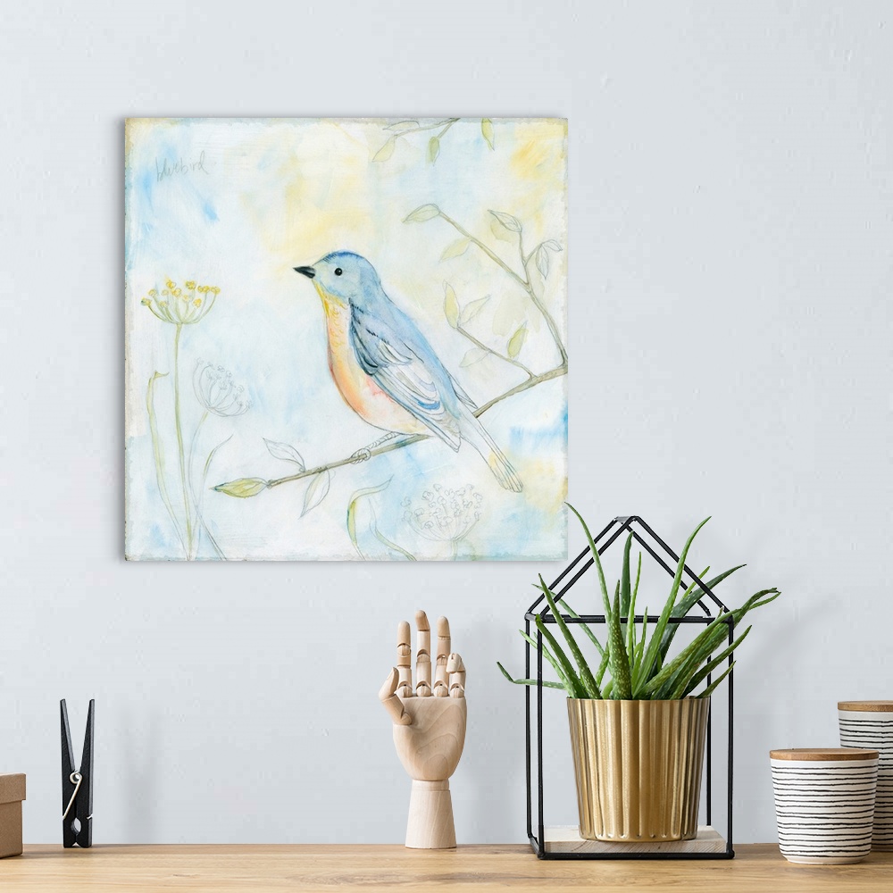 A bohemian room featuring Square sketch of a bluebird perched on a branch and surrounded by leaves and flowers, all colored...