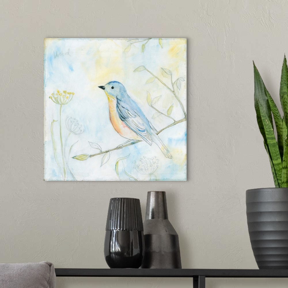 A modern room featuring Square sketch of a bluebird perched on a branch and surrounded by leaves and flowers, all colored...