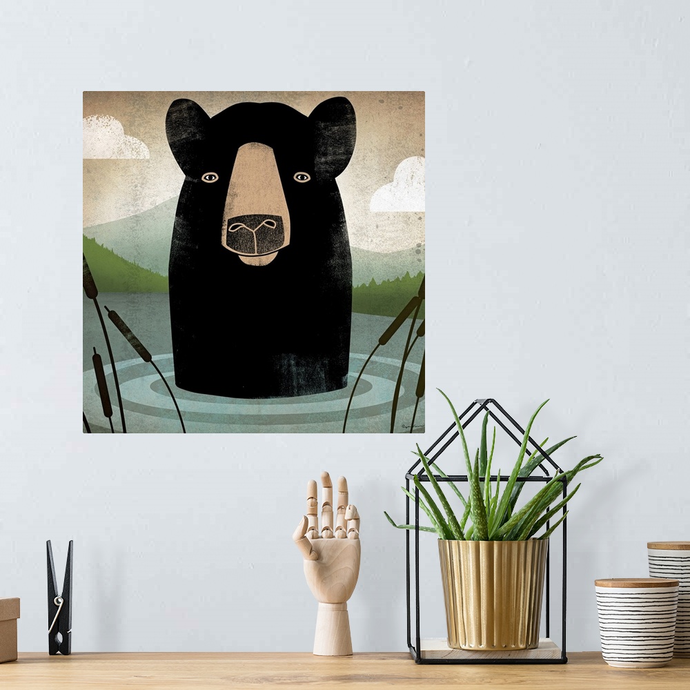 A bohemian room featuring Giant, square, contemporary artwork of an illustrated bear sticking its head out of the water, su...