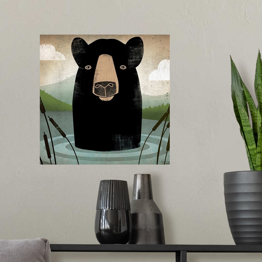 A modern room featuring Giant, square, contemporary artwork of an illustrated bear sticking its head out of the water, su...