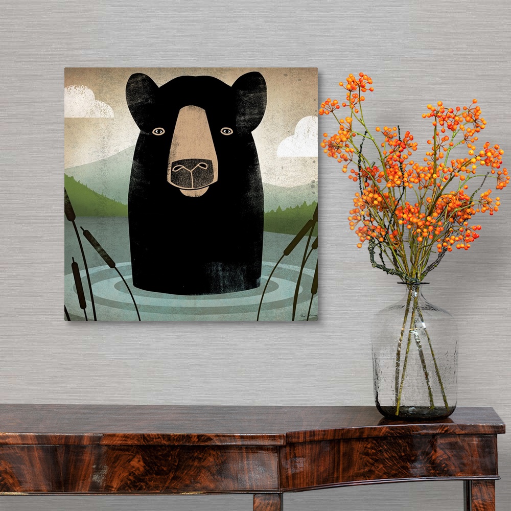 A traditional room featuring Giant, square, contemporary artwork of an illustrated bear sticking its head out of the water, su...