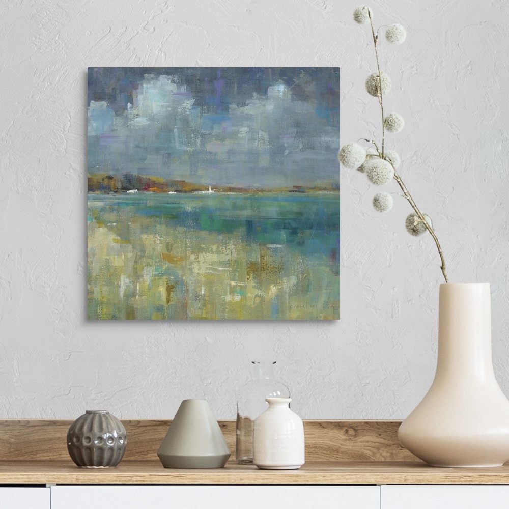 A farmhouse room featuring Square abstract painting of the ocean and seashore made with short and small brushstrokes of color.