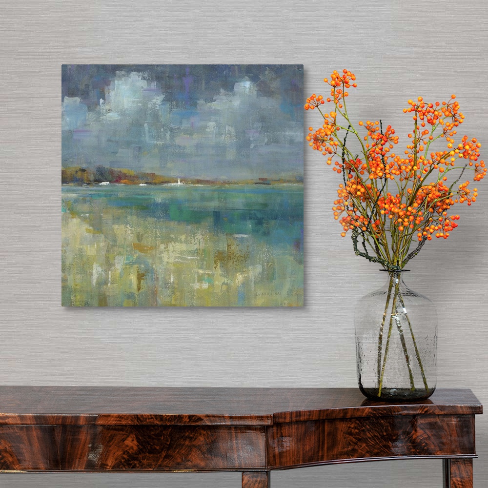 A traditional room featuring Square abstract painting of the ocean and seashore made with short and small brushstrokes of color.