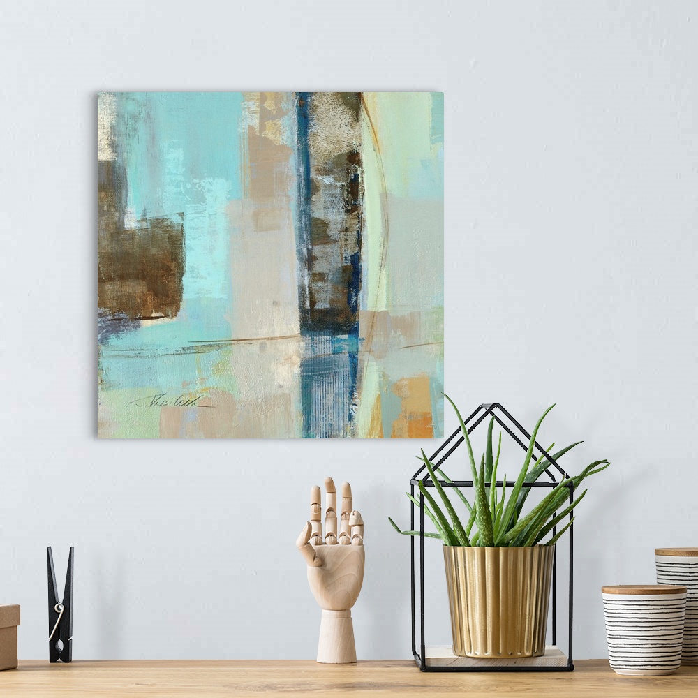 A bohemian room featuring Abstract painting with different cool toned strokes and splotches.