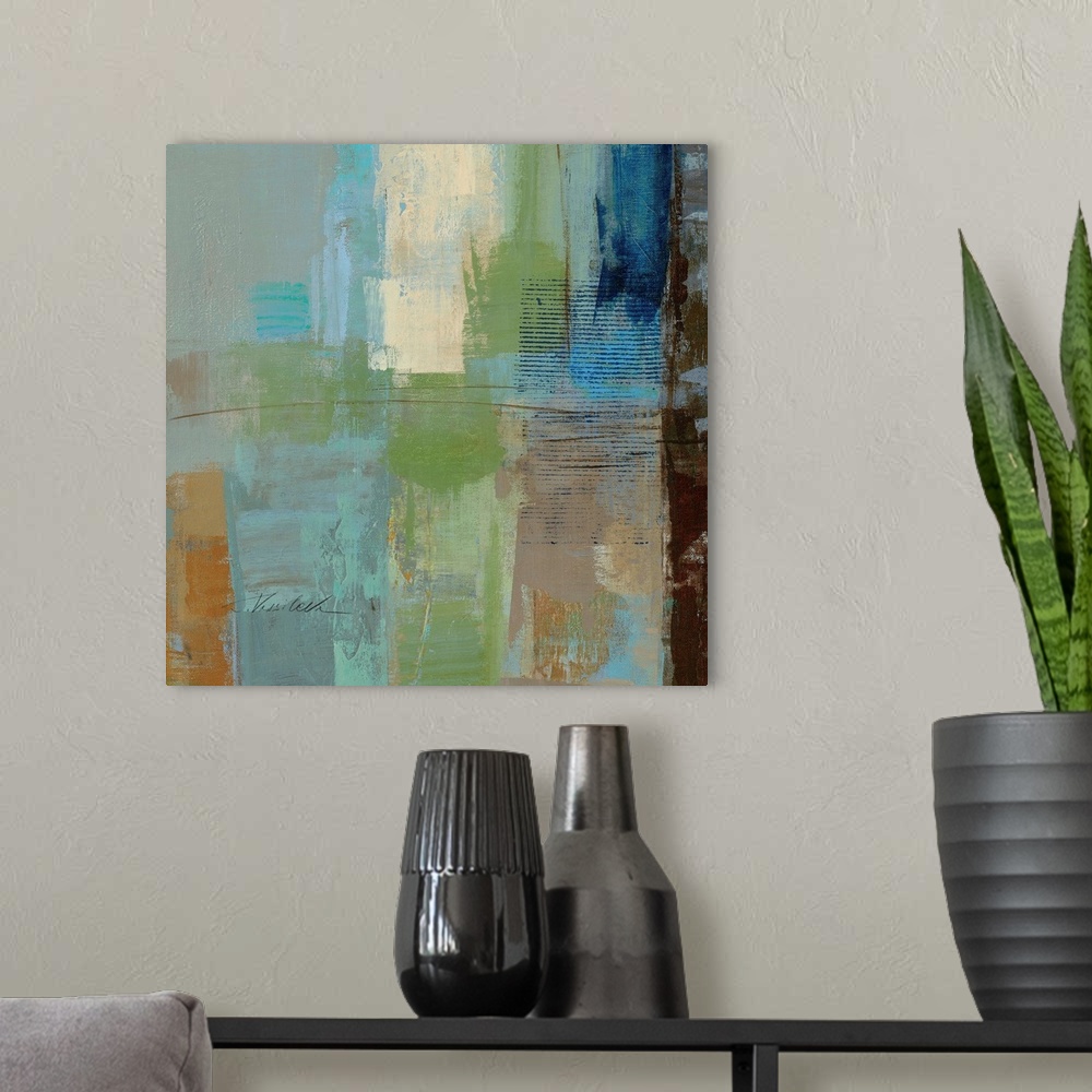 A modern room featuring Abstract painting with different cool toned strokes and splotches.