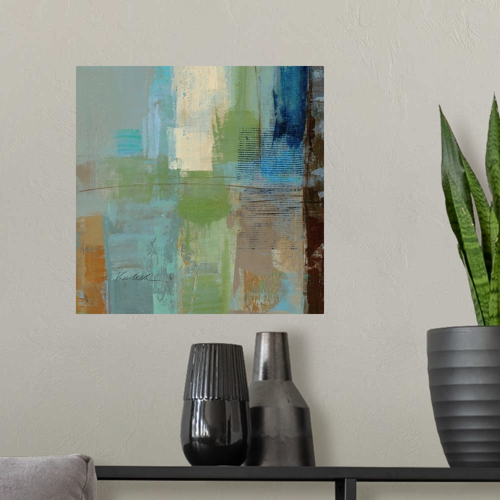 A modern room featuring Abstract painting with different cool toned strokes and splotches.