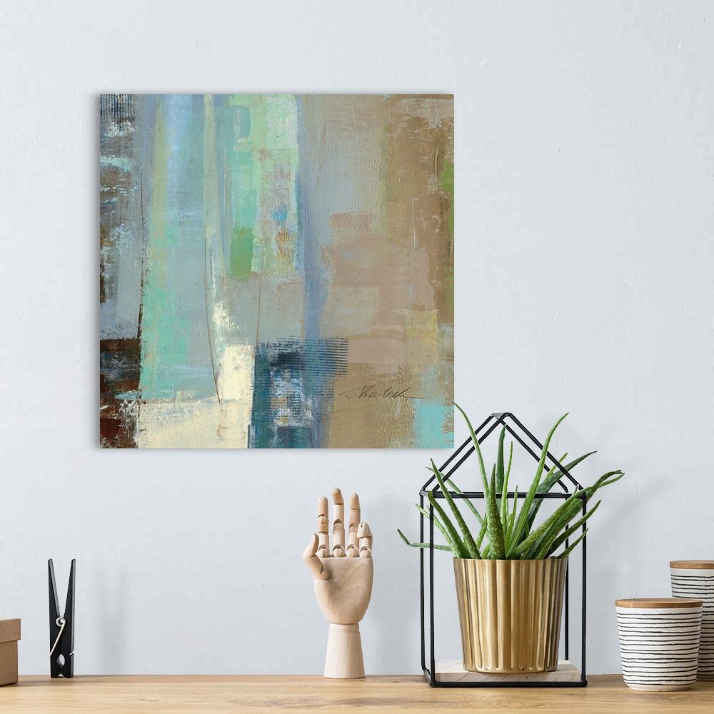 A bohemian room featuring Abstract painting with different cool toned strokes and splotches.