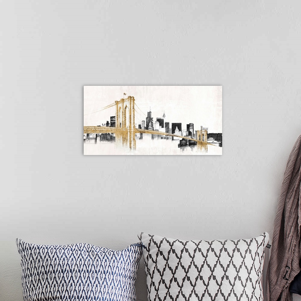A bohemian room featuring Contemporary painting in black and gold of the Brooklyn Bridge in front of the New York City skyl...