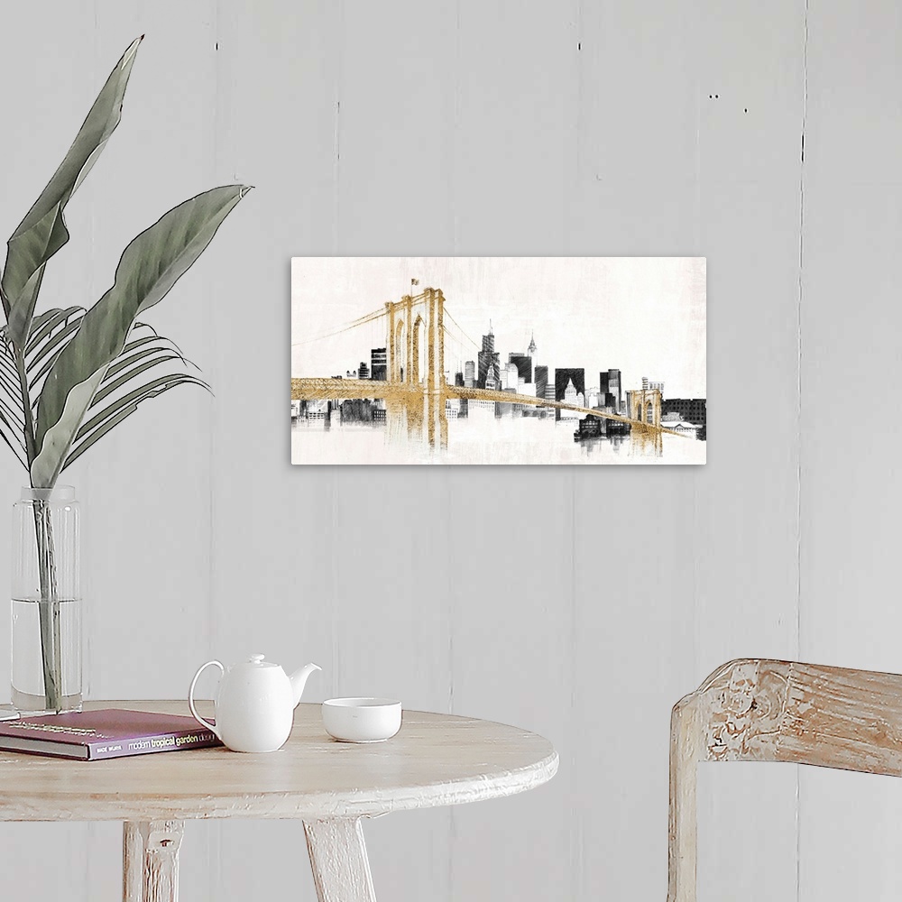 A farmhouse room featuring Contemporary painting in black and gold of the Brooklyn Bridge in front of the New York City skyl...