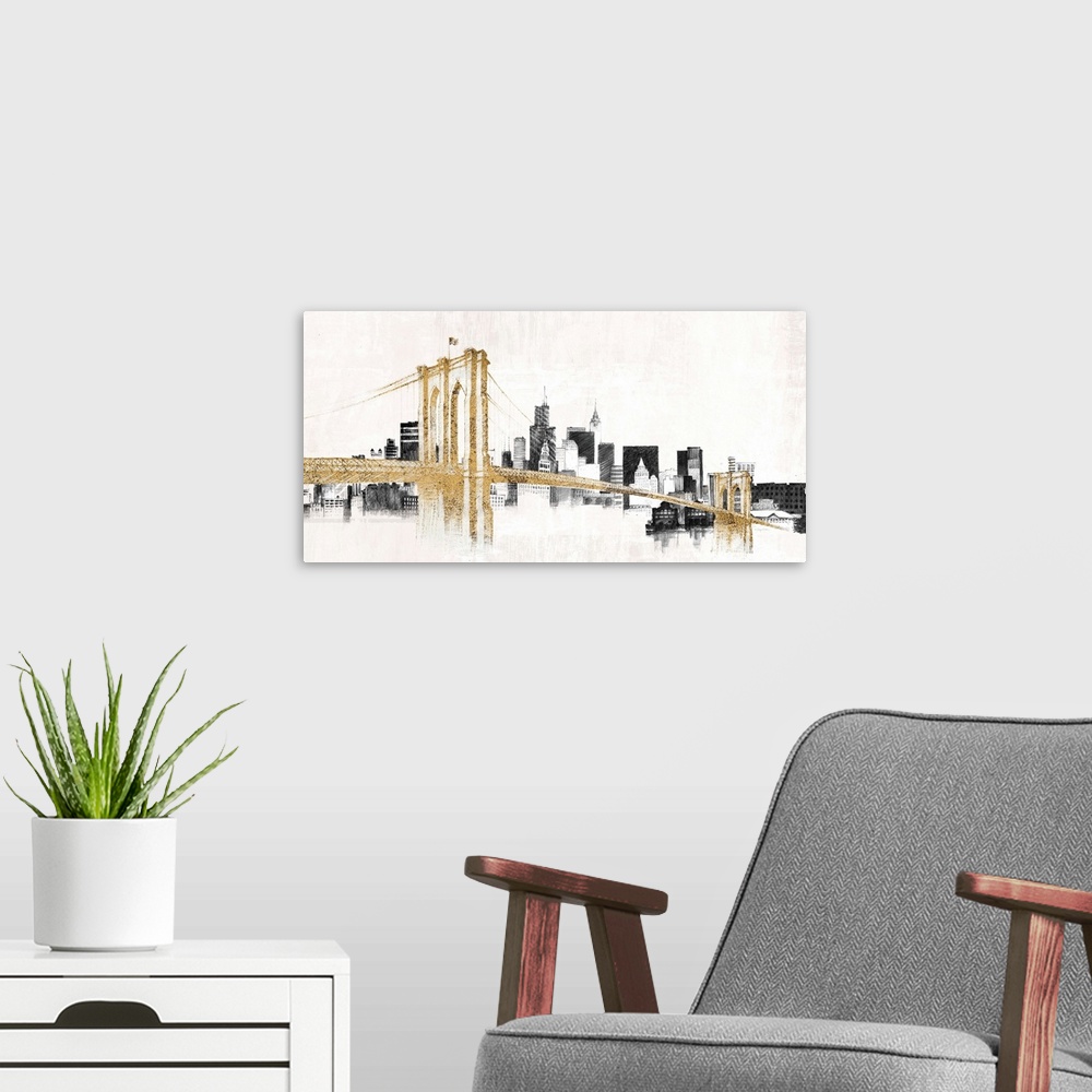 A modern room featuring Contemporary painting in black and gold of the Brooklyn Bridge in front of the New York City skyl...