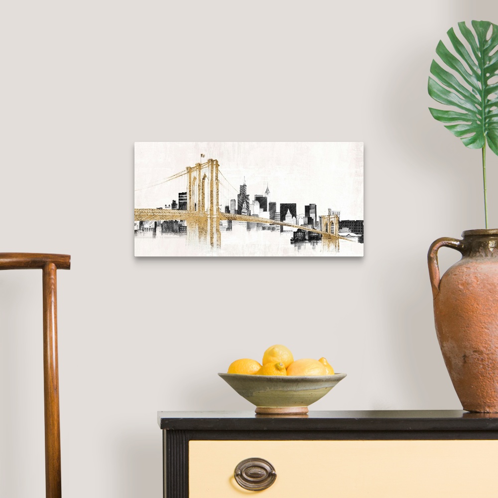 A traditional room featuring Contemporary painting in black and gold of the Brooklyn Bridge in front of the New York City skyl...