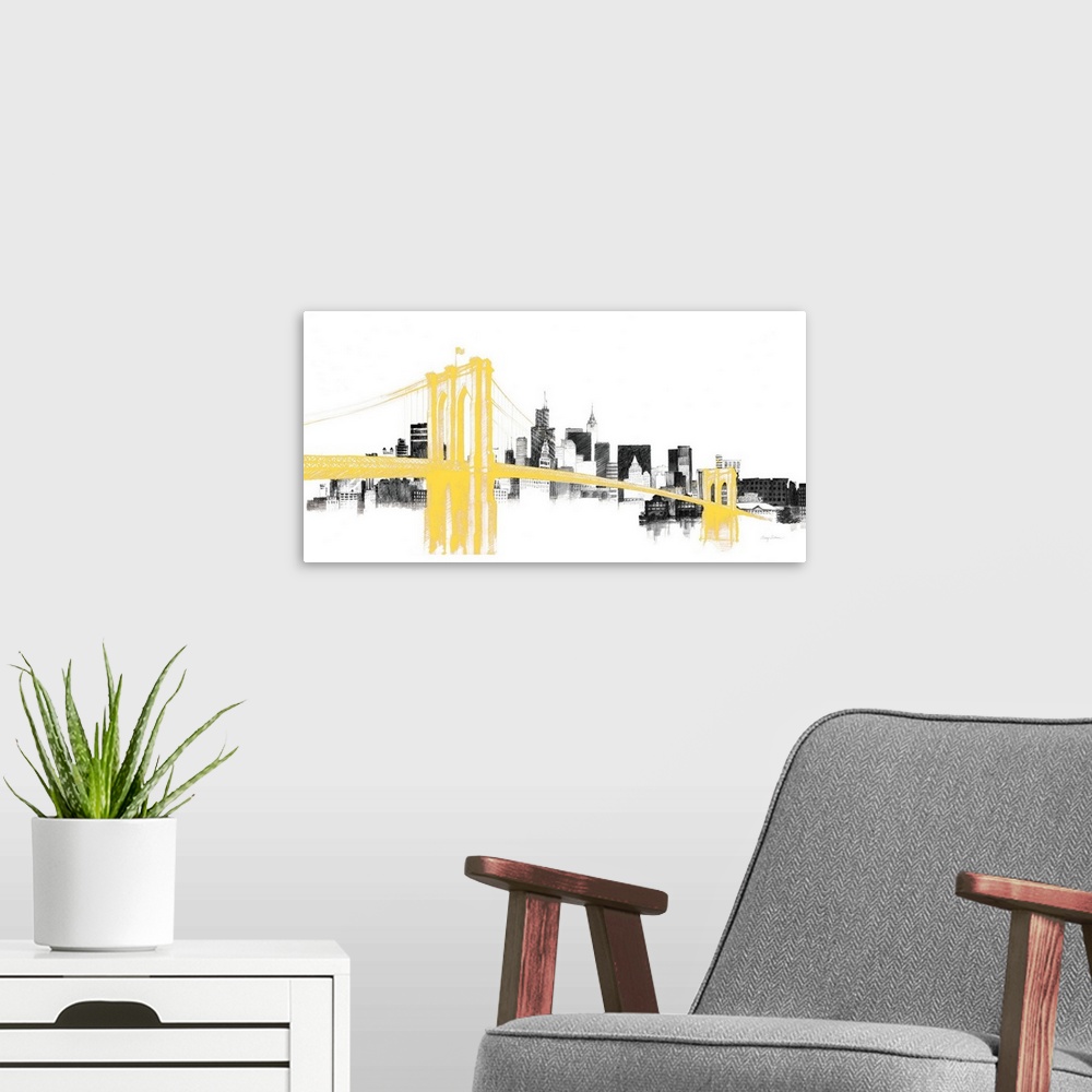 A modern room featuring A horizontal design of the Brooklyn Bridge in gold with the city of New York in the background.