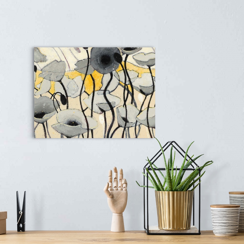 A bohemian room featuring A contemporary painting of gray poppies against a background of multi-yellow tones.