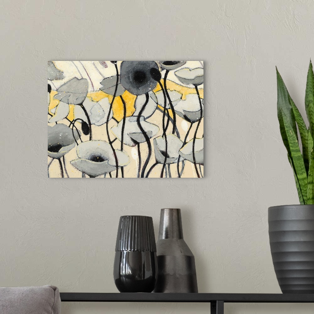 A modern room featuring A contemporary painting of gray poppies against a background of multi-yellow tones.