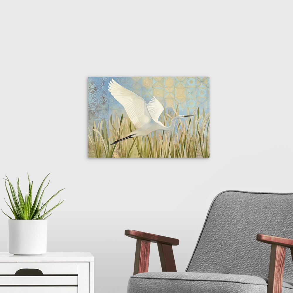 A modern room featuring Snowy Egret in Flight v2