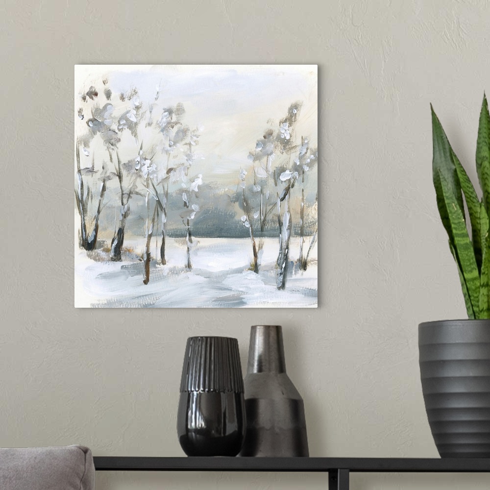 A modern room featuring Snowy Winter Trees