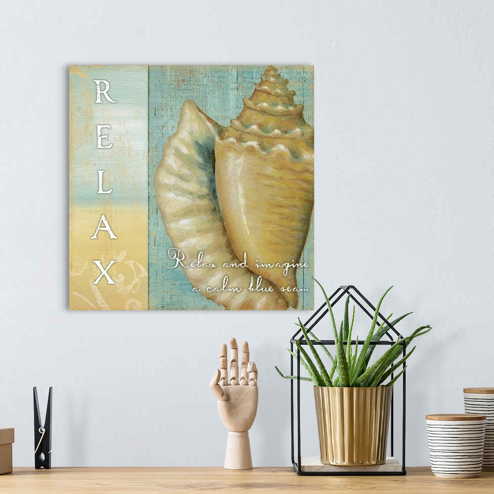 A bohemian room featuring Conch shell drawing with Relax text and quote in cool colors.