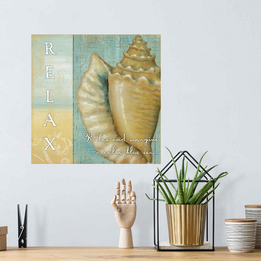A bohemian room featuring Conch shell drawing with Relax text and quote in cool colors.