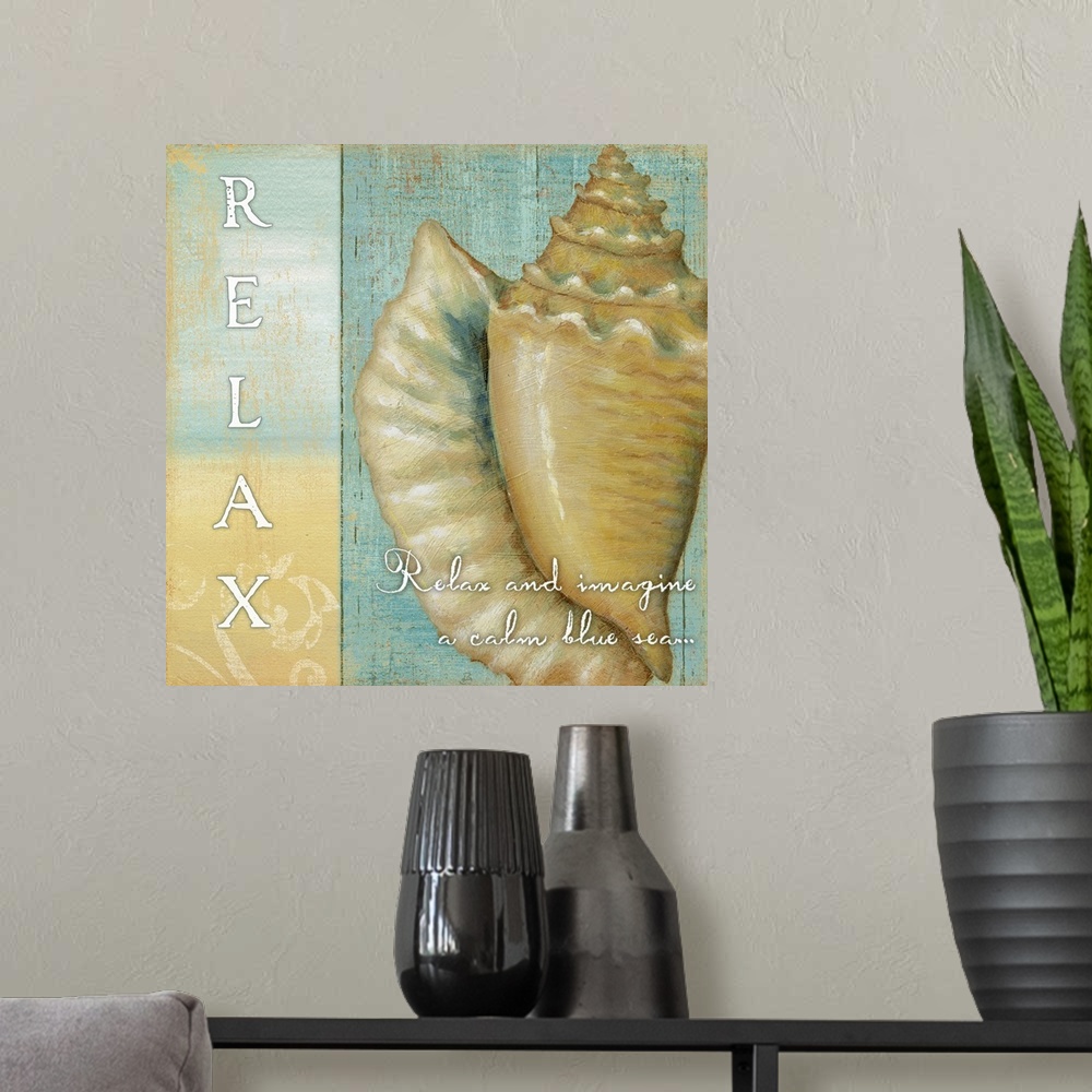A modern room featuring Conch shell drawing with Relax text and quote in cool colors.
