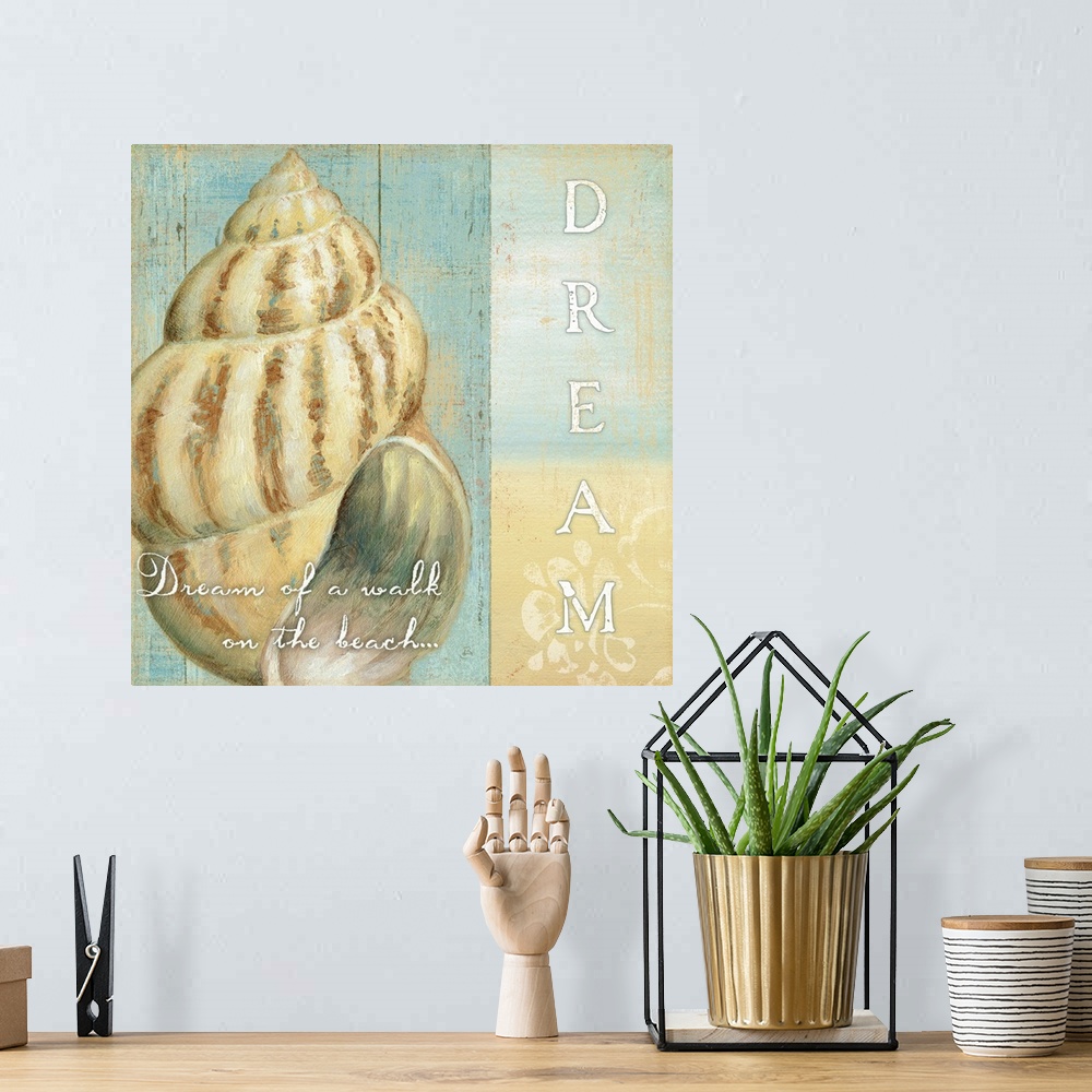 A bohemian room featuring Square, beach themed home art docor of a large shell on the left side against a wood textured bac...