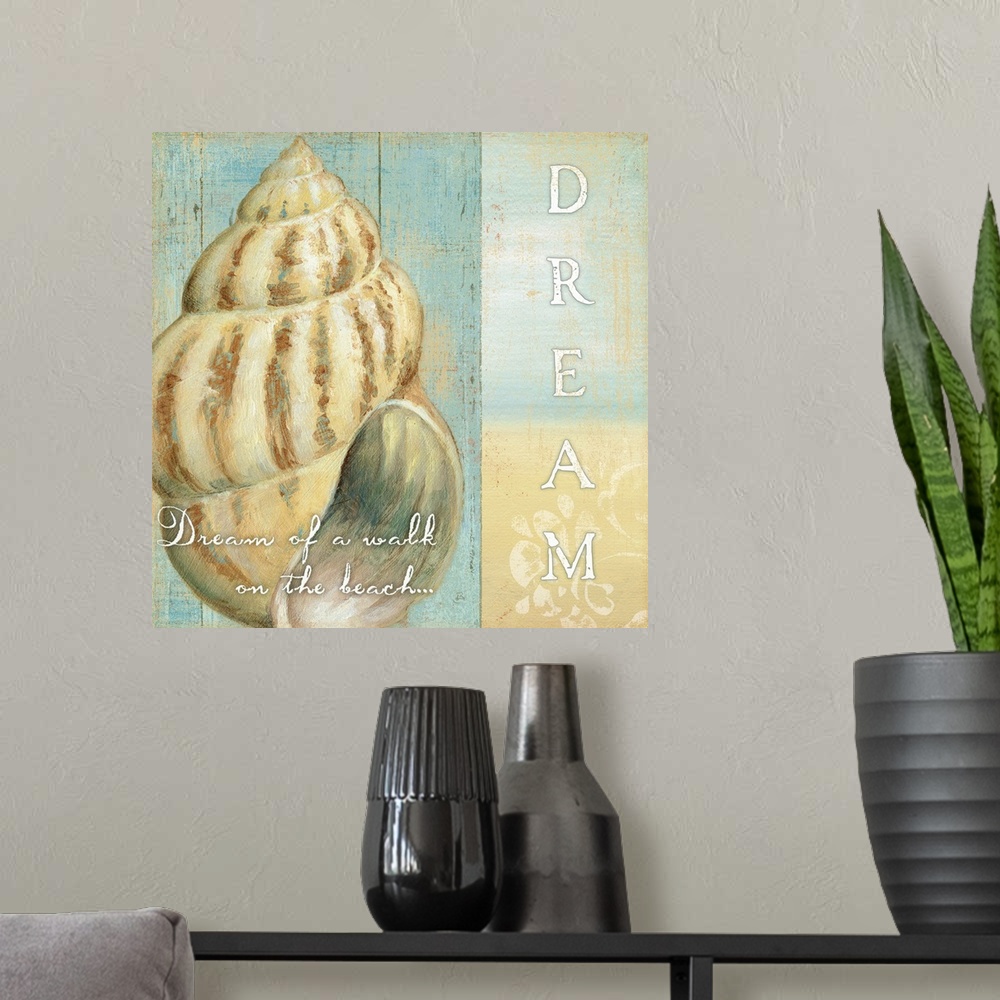 A modern room featuring Square, beach themed home art docor of a large shell on the left side against a wood textured bac...