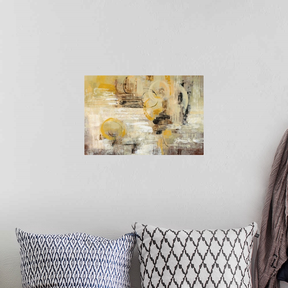 A bohemian room featuring Rectangular abstract painting with vertical brushstrokes and sporadic painted circles creating mo...
