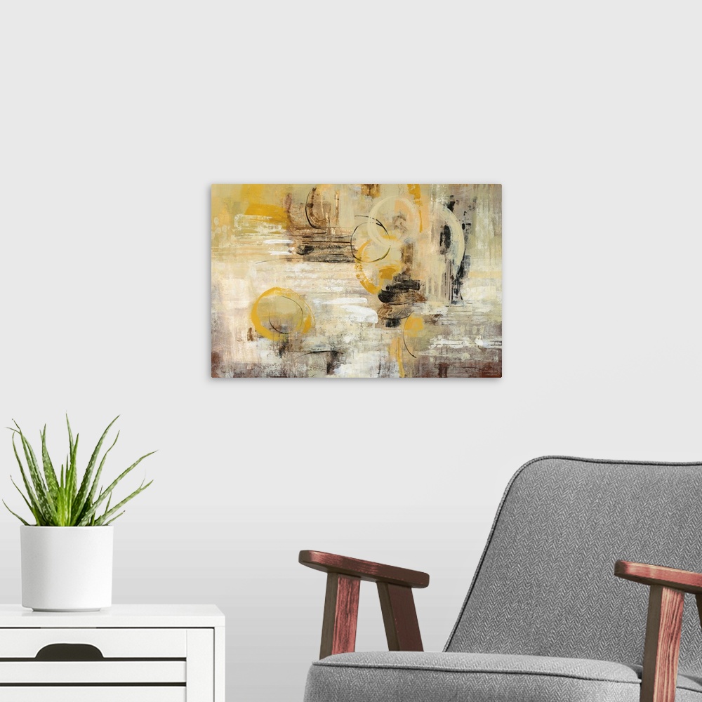 A modern room featuring Rectangular abstract painting with vertical brushstrokes and sporadic painted circles creating mo...