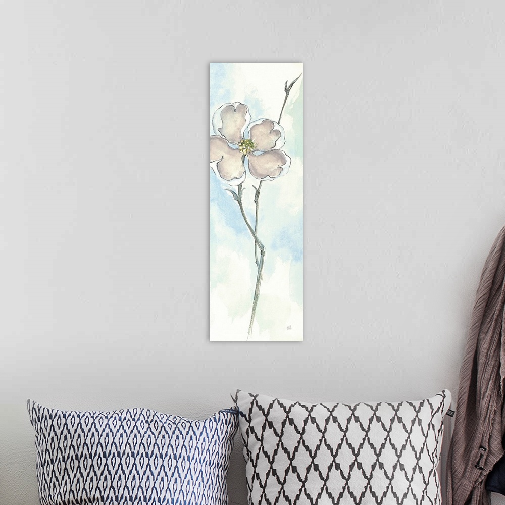 A bohemian room featuring Contemporary painting of a white flower with a thin stem, against a light blue background.