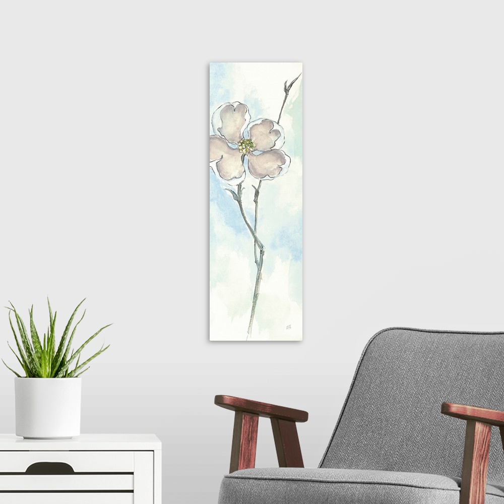 A modern room featuring Contemporary painting of a white flower with a thin stem, against a light blue background.