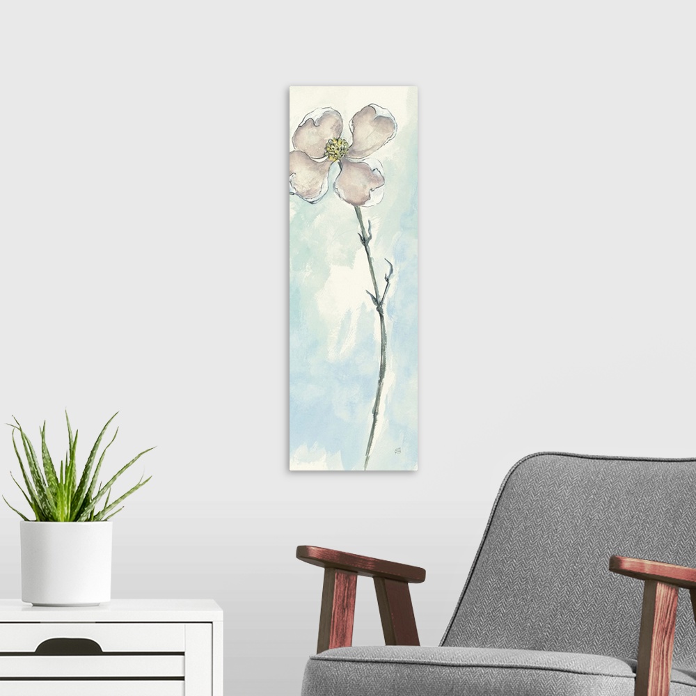 A modern room featuring Contemporary painting of a white flower with a thin stem, against a light blue background.