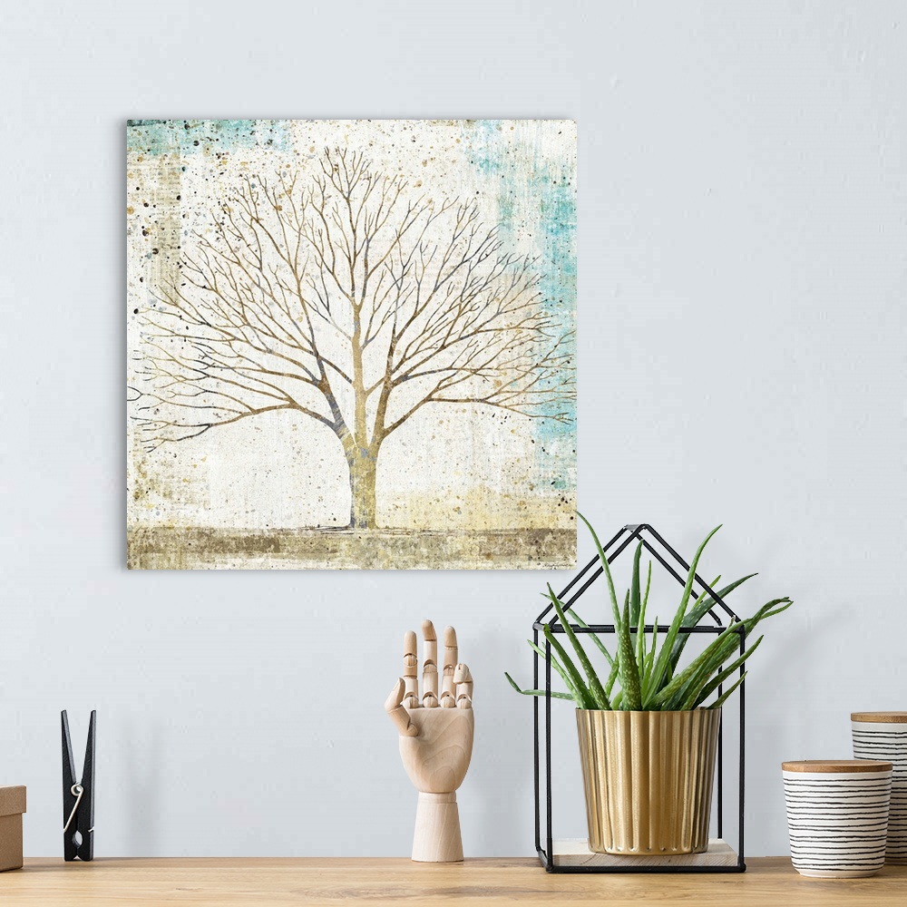A bohemian room featuring Contemporary mixed media painting of a single tree in a field.