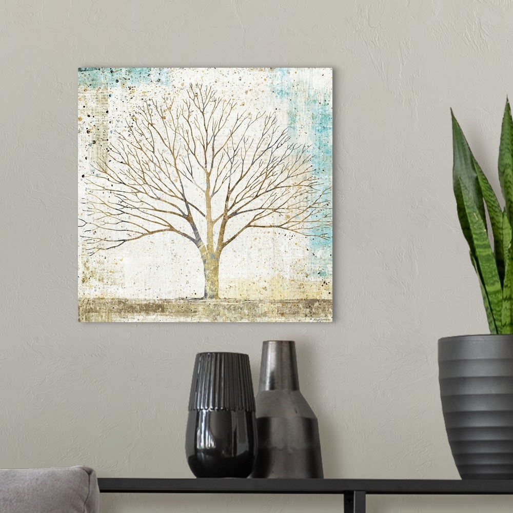 A modern room featuring Contemporary mixed media painting of a single tree in a field.