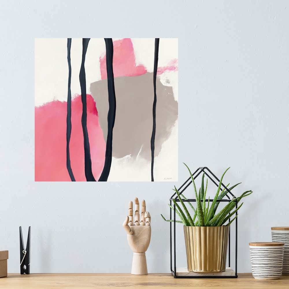 A bohemian room featuring Square abstract painting in pink, gray, and navy blue on a white background.