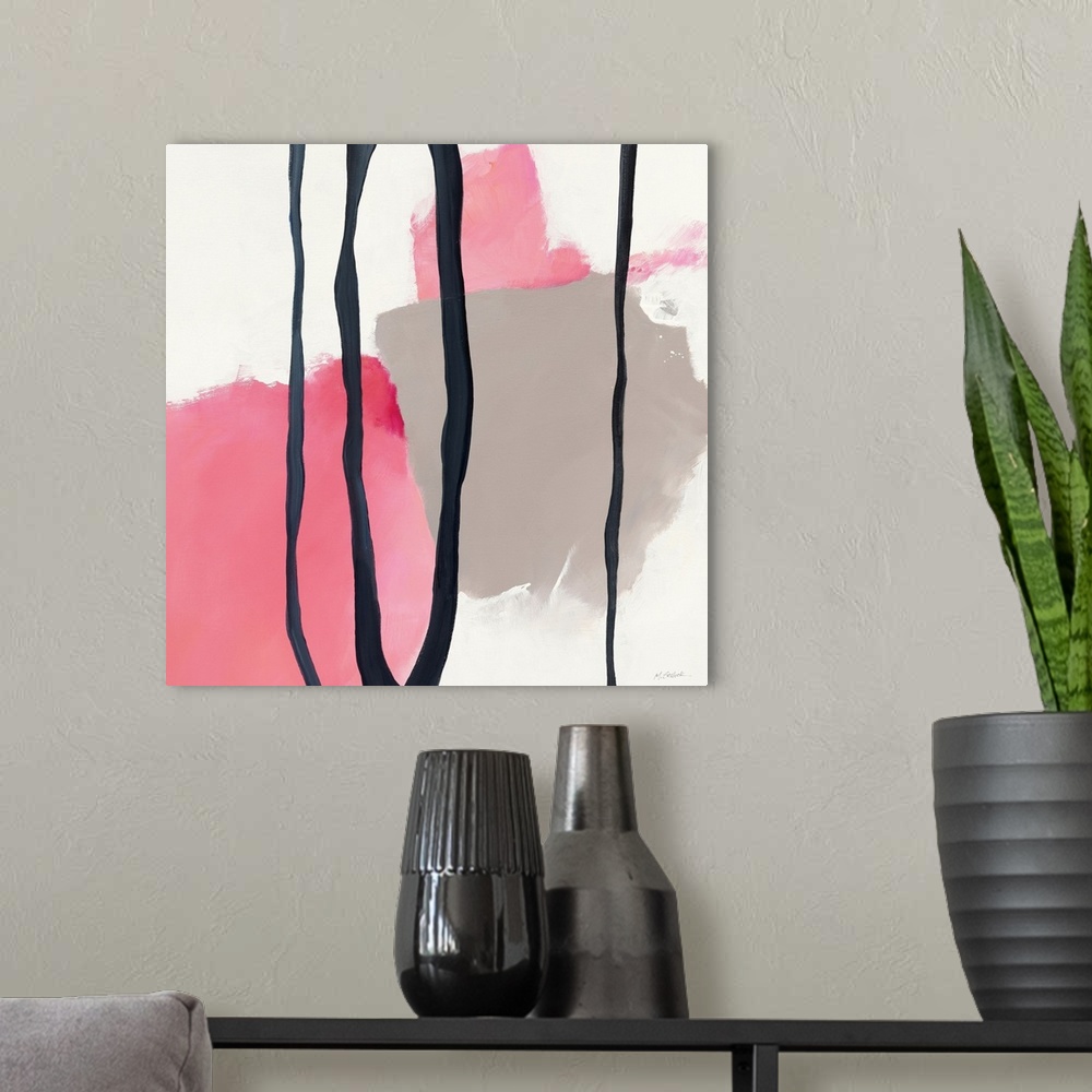 A modern room featuring Square abstract painting in pink, gray, and navy blue on a white background.