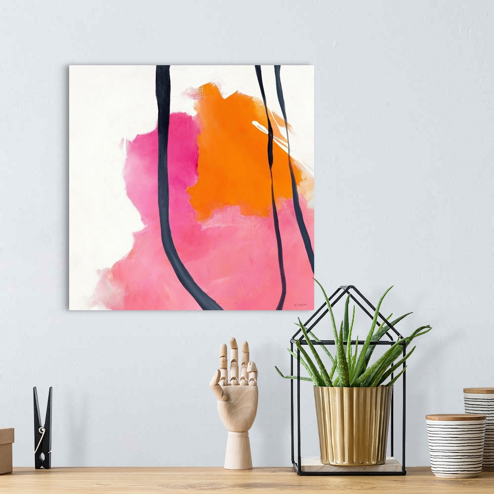 A bohemian room featuring Square abstract painting in pink, orange, and navy blue on a white background.