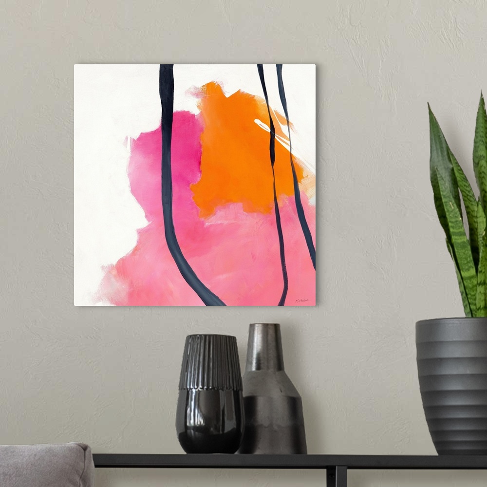 A modern room featuring Square abstract painting in pink, orange, and navy blue on a white background.